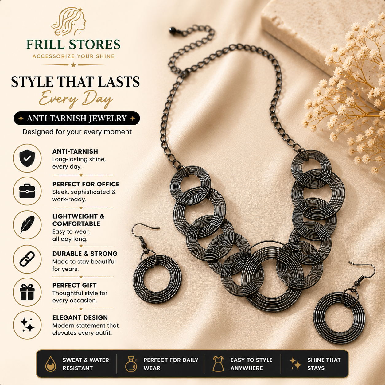 Anti-Tarnish Black Statement Necklace Set for Women | Contemporary Interlocking Circle Necklace with Matching Earrings | Lightweight Daily Wear & Office Wear Fashion Jewelry
