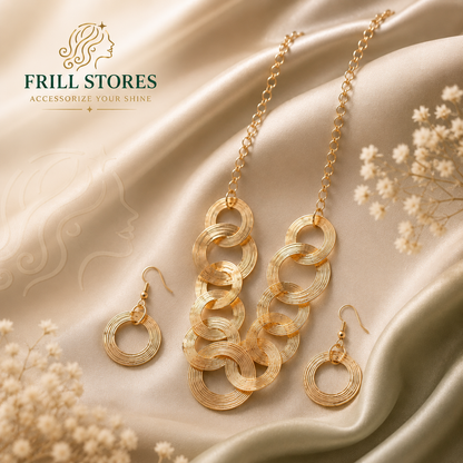 Anti-Tarnish Gold-Tone Statement Necklace Set for Women | Contemporary Interlocking Circle Necklace with Matching Earrings | Lightweight Office Wear Jewelry for Daily Elegance &amp; Special Occasions