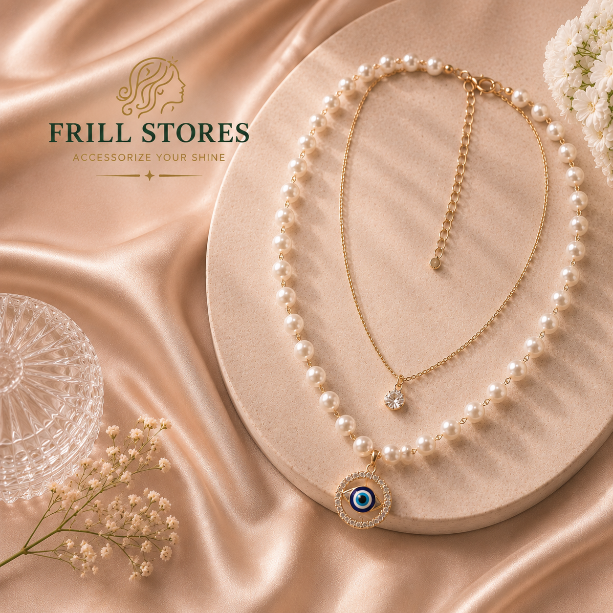 Anti-Tarnish Pearl &amp; Evil Eye Pendant Necklace for Women | Gold-Tone Pearl Chain with Crystal Evil Eye Charm | Elegant Office Wear, Daily Wear &amp; Minimalist Fashion Jewelry