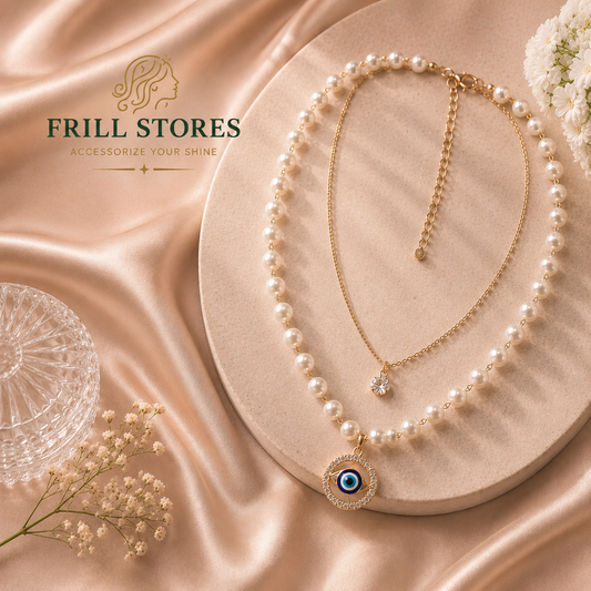 Anti-Tarnish Pearl &amp; Evil Eye Pendant Necklace for Women | Gold-Tone Pearl Chain with Crystal Evil Eye Charm | Elegant Office Wear, Daily Wear &amp; Minimalist Fashion Jewelry