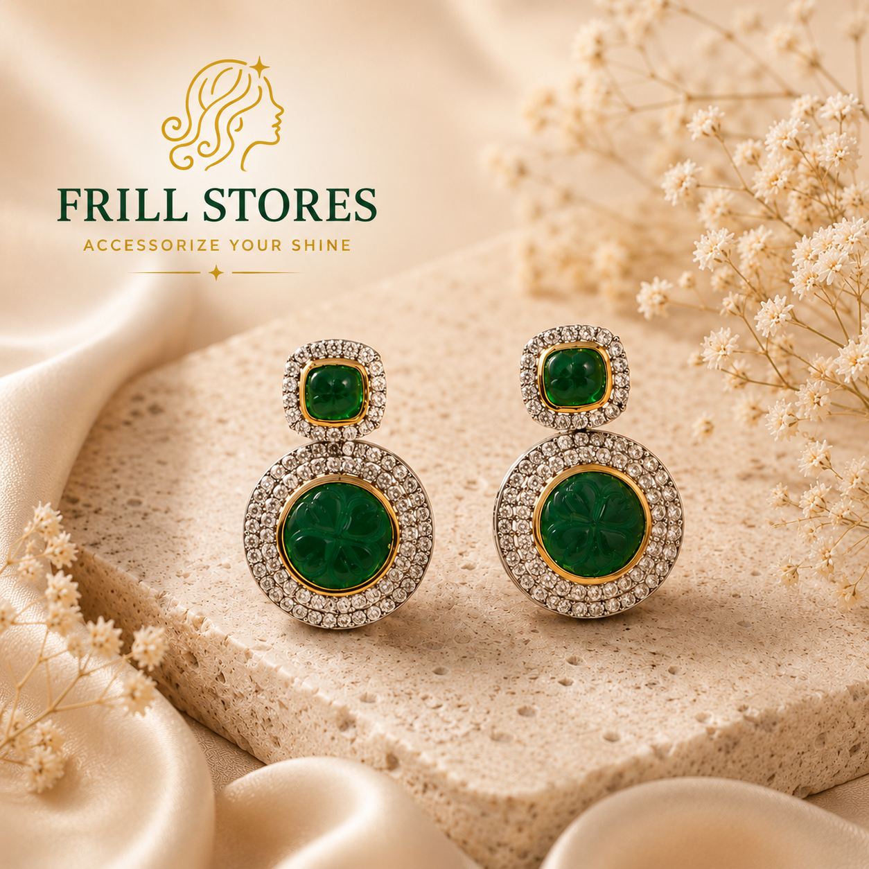 Anti-Tarnish Green Crystal Stud Earrings for Women | Dual-Tone Gold &amp; Silver Finish Earrings with Emerald Green Stone &amp; CZ Accents | Elegant Office Wear, Daily Wear &amp; Party Wear Jewelry