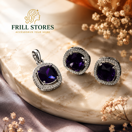 Anti-Tarnish Purple Crystal Stud Earrings for Women | Silver-Tone Cushion Cut Crystal Earrings with Sparkling CZ Halo | Elegant Office Wear, Daily Wear &amp; Party Wear Jewelry