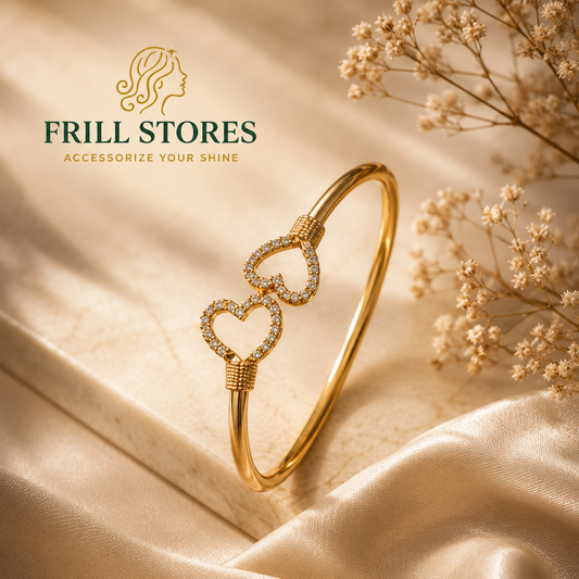 Anti-Tarnish Double Heart Crystal Bracelet for Women | Gold-Tone Open Cuff Bangle with CZ Heart Charms | Elegant Daily Wear, Office Wear &amp; Romantic Gift Jewelry
