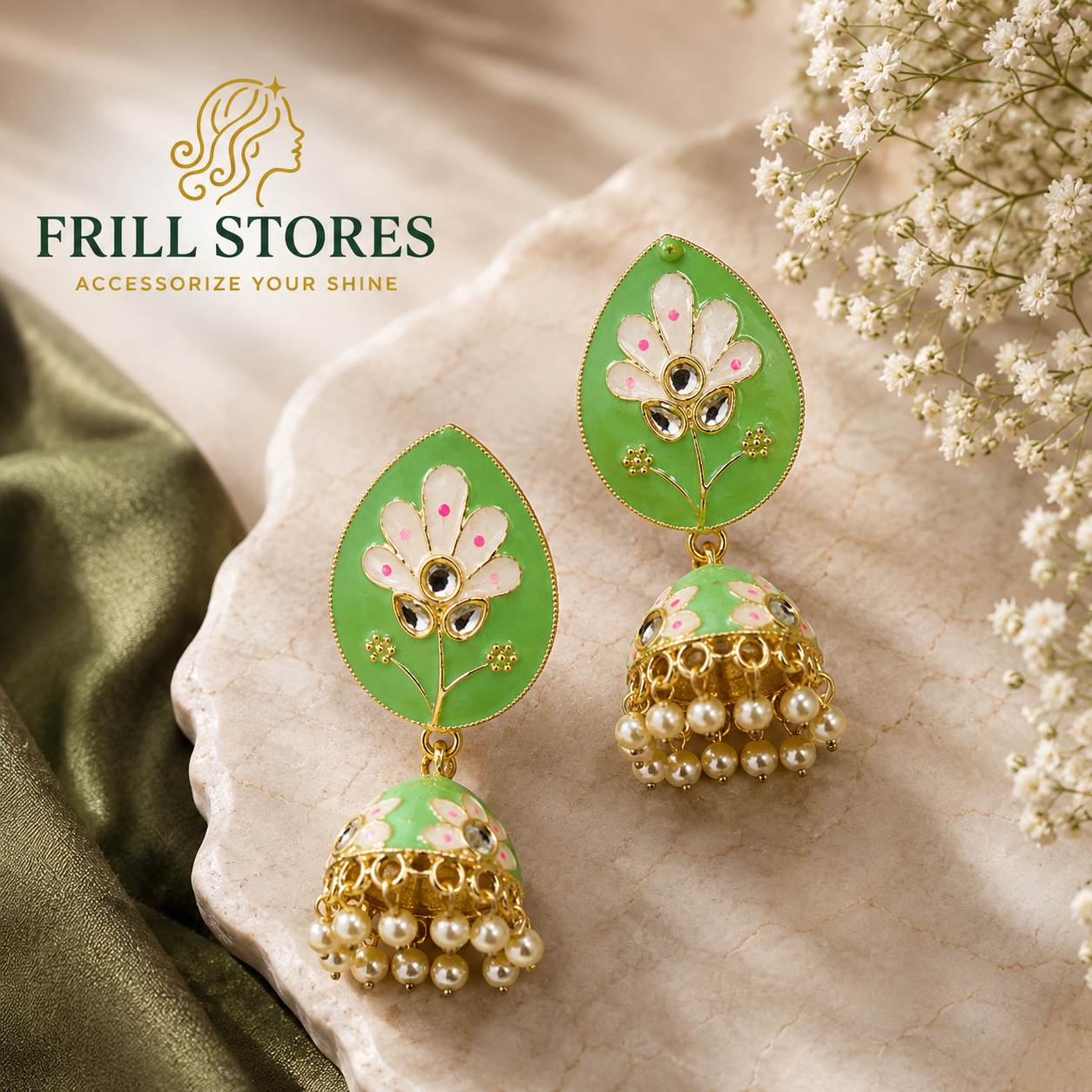 Anti-Tarnish Green Floral Jhumka Earrings for Women | Handcrafted Enamel Drop Earrings with Pearl Bead Tassels | Lightweight Daily Wear, Office Wear, Festive &amp; Ethnic Jewelry