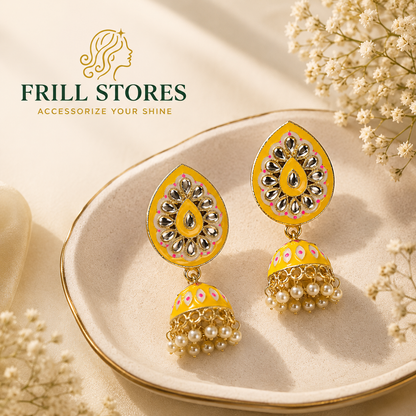 Anti-Tarnish Yellow Enamel Jhumka Earrings for Women | Handcrafted Pearl Drop Ethnic Earrings with Mirror Work Detailing | Lightweight Office Wear, Daily Wear, Festive &amp; Traditional Jewelry