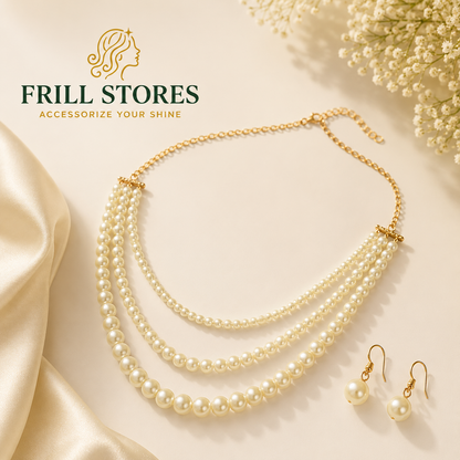 Anti-Tarnish Triple Layer Pearl Necklace Set for Women | Elegant Multi-Strand Pearl Choker with Matching Pearl Drop Earrings | Office Wear, Daily Wear, Party Wear &amp; Timeless Classic Jewelry