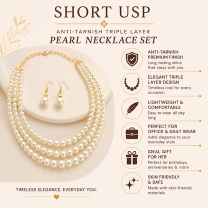 Anti-Tarnish Triple Layer Pearl Necklace Set for Women | Elegant Multi-Strand Pearl Choker with Matching Pearl Drop Earrings | Office Wear, Daily Wear, Party Wear &amp; Timeless Classic Jewelry