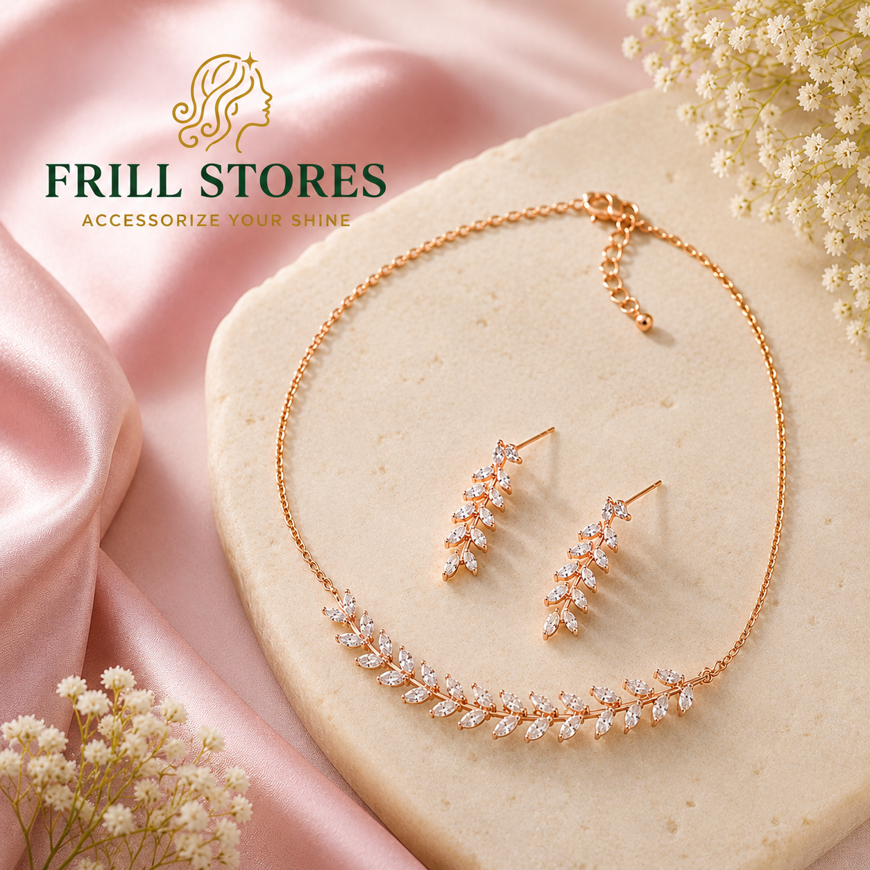 Anti-Tarnish Rose Gold Crystal Leaf Necklace &amp; Earrings Set for Women | Delicate CZ Vine Jewelry Set | Elegant Office Wear, Daily Wear, Party Wear &amp; Minimalist Luxury Jewelry