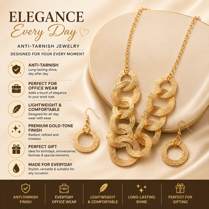 Anti-Tarnish Gold-Tone Statement Necklace Set for Women | Contemporary Interlocking Circle Necklace with Matching Earrings | Lightweight Office Wear Jewelry for Daily Elegance &amp; Special Occasions