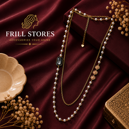 Anti-Tarnish Layered Pearl &amp; Black Crystal Necklace for Women | Gold-Tone Double Layer Statement Necklace with Floral Charms | Office Wear, Daily Wear &amp; Elegant Occasion Jewelry