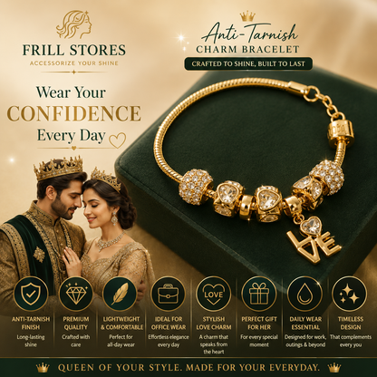 Anti-Tarnish Gold Charm Bracelet for Women | Crystal-Studded Love Charm Bracelet with Premium Gold Finish | Elegant Daily Wear, Office Wear &amp; Gift Jewelry for Women