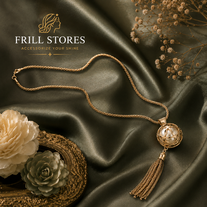 Anti-Tarnish Gold Pearl Tassel Pendant Necklace for Women | Elegant Long Chain Statement Necklace with Pearl Orb &amp; Tassel Charm | Office Wear, Daily Wear &amp; Occasion Jewelry