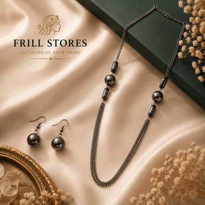 Anti-Tarnish Black Bead Tassel Necklace Set for Women | Contemporary Long Chain Necklace with Matching Earrings | Lightweight Office Wear Jewelry for Daily Wear, Parties &amp; Elegant Occasions