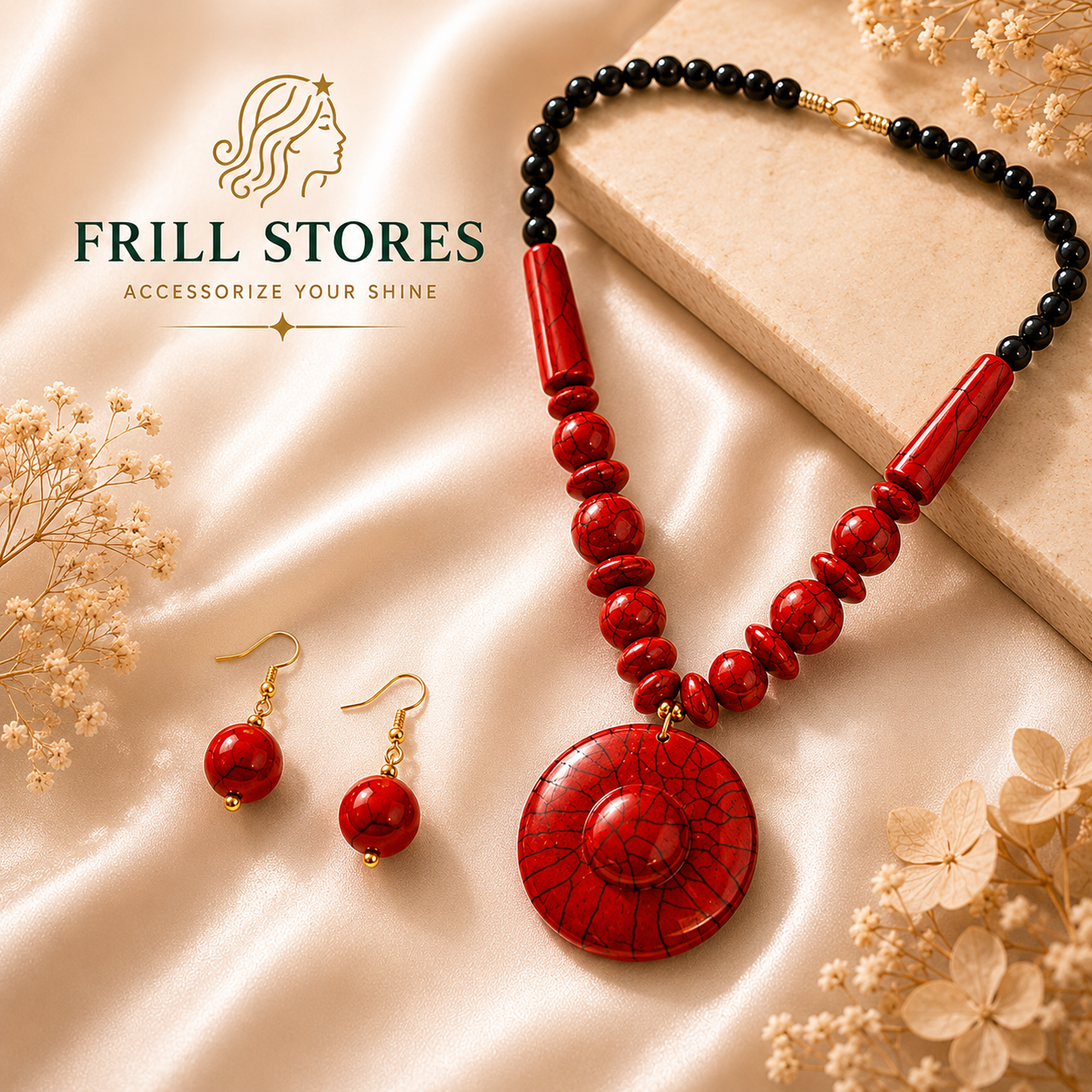 Anti-Tarnish Red Statement Necklace Set for Women | Bold Red Stone Pendant Necklace with Matching Earrings | Handmade Fashion Jewelry for Office Wear, Daily Wear, Festive &amp; Party Occasions