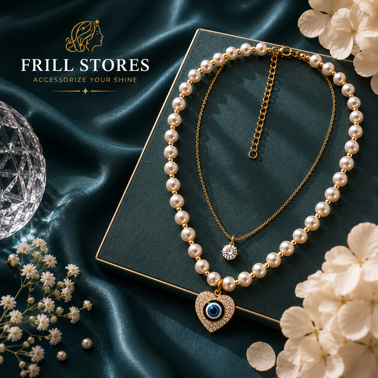 Anti-Tarnish Pearl &amp; Evil Eye Heart Pendant Necklace for Women | Gold-Tone Layered Pearl Necklace with Crystal Heart Charm | Office Wear, Daily Wear &amp; Elegant Fashion Jewelry