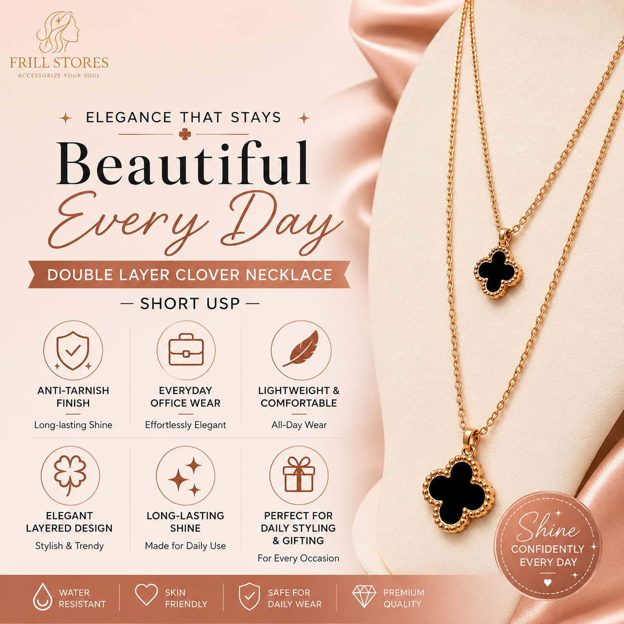 Anti-Tarnish Double Layer Clover Pendant Necklace for Women | Premium Rose Gold Finish Layered Chain with Black Clover Charms | Waterproof Daily Wear Office Jewelry for Women & Girls