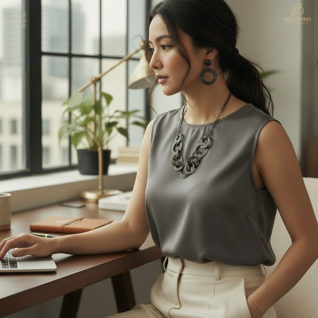 Anti-Tarnish Black Statement Necklace Set for Women | Contemporary Interlocking Circle Necklace with Matching Earrings | Lightweight Daily Wear &amp; Office Wear Fashion Jewelry