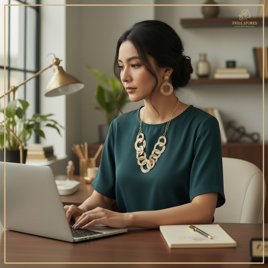 Anti-Tarnish Gold-Tone Statement Necklace Set for Women | Contemporary Interlocking Circle Necklace with Matching Earrings | Lightweight Office Wear Jewelry for Daily Elegance &amp; Special Occasions