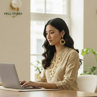 Anti-Tarnish Gold-Tone Statement Necklace Set for Women | Contemporary Interlocking Circle Necklace with Matching Earrings | Lightweight Office Wear Jewelry for Daily Elegance &amp; Special Occasions